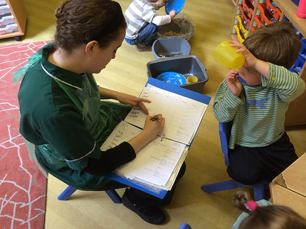 Recording each child's meal at Acorns Nursery School Cirencester.